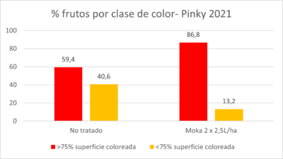 Figura 4. Porcentaje de frutos coloreados en manzana Pinky (Campaña 2021)
